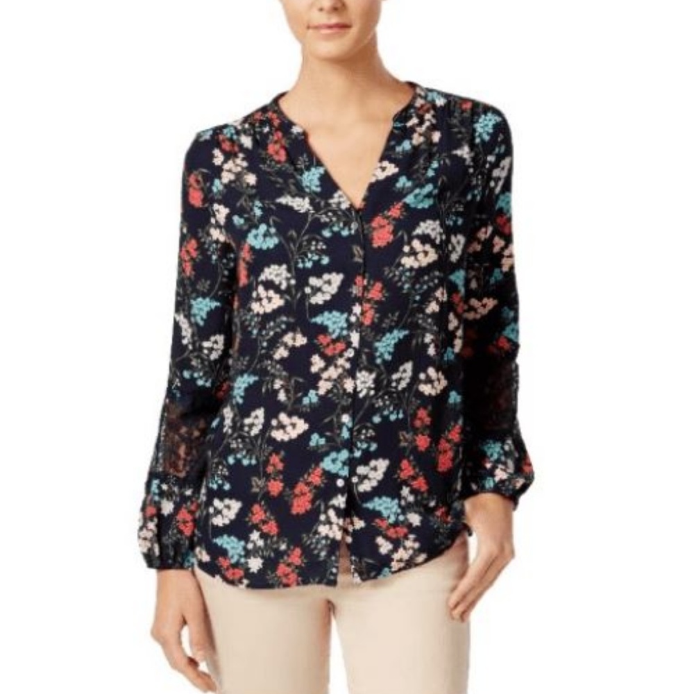 Charter Club Women's Blue Lace-Inset Floral-Print